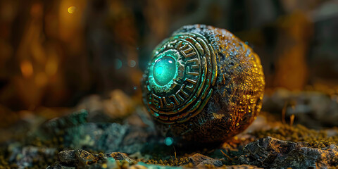 Close-up of an intricate, ancient amulet glowing faintly, its power and purpose unknown