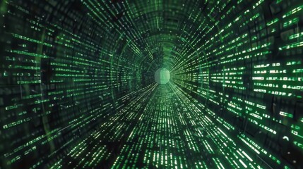 Poster - A digital tunnel made of green code, the perspective makes it seem like you're moving forward in an endless flow of data.
