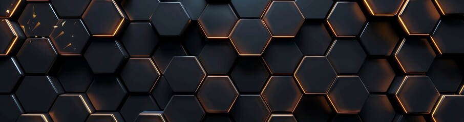 Wall Mural - Abstract hexagonal black metal background with golden light lines. Dark 3D geometric texture illustration. Bright grid pattern. Pure black horizontal banner wallpaper. Carbon elegant wedding