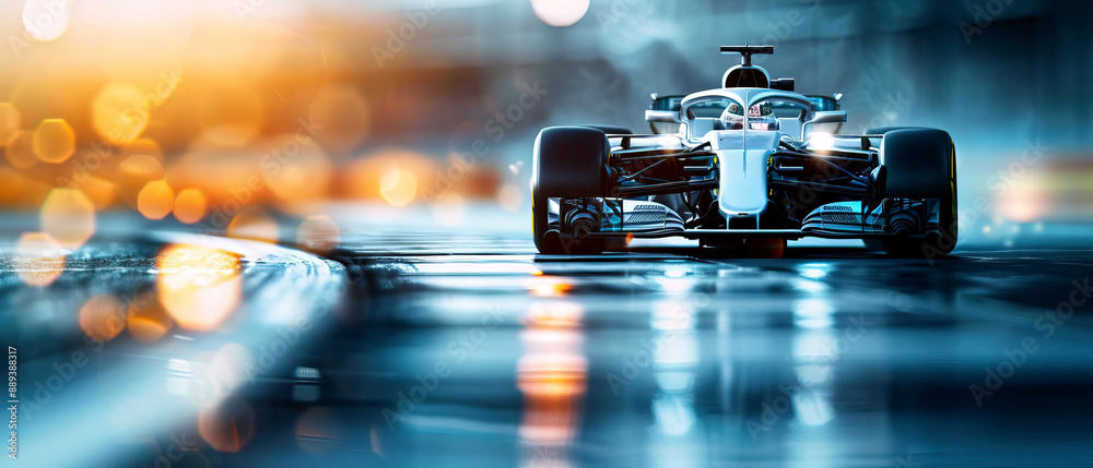 High-speed race car on a wet track at sunset, showcasing motion blur ...