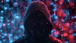 © Prostock-studio - A hooded figure stands in front of a digital rain of blue and red lights. The figure's face is obscured by a dark mask with glowing details.