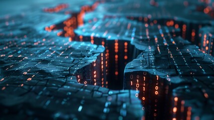 Poster - A close-up of a digital landscape with large cracks revealing glowing binary code.