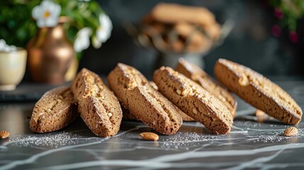 Wall Mural - A row of cookies with almonds on top. The cookies are brown and have a crunchy texture