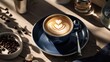 © Jiraporn - A beautifully crafted cup of latte with intricate latte art served in a dark blue cup and saucer on a wooden table.