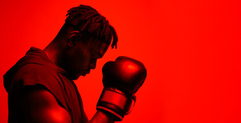 Poster - Man, profile and gloves in studio for boxing or training for mma competition, workout and professional for performance. Red background, fighter and person for self defense, strength and mock up.