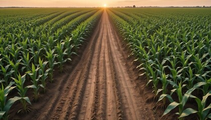 Rural landscape of a soil countryside ground road in the middle of two corn fields at the golden hour sunset created with generative ai.