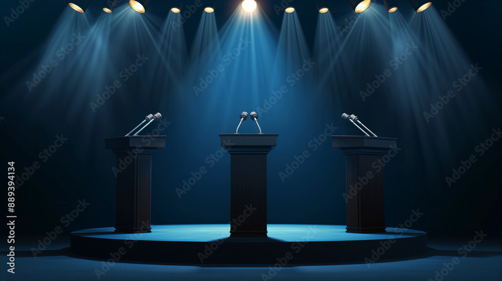 Debating Platforms Debate or speech stage with microphones under a spotlight. Business ...
