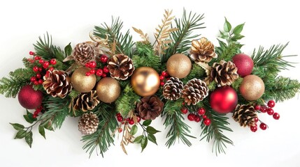 Poster - Festive Holiday Arrangement with Red Green and Gold Decorations on White Background