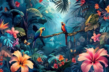 this tropical jungle wallpaper features banana palms, lush foliage, and colorful tropical birds.