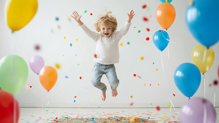 A child is jumping for joy in a white room with falling confetti and balloons flying around. Concept for celebrating birthdays and other children's events.