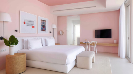 Wall Mural - Comfortable hotel room with pink interior ornament for elegant impression