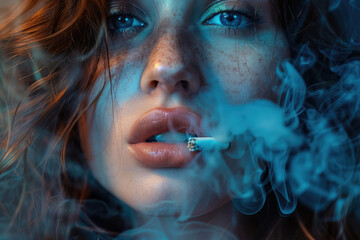 A close-up of the face and lips of an attractive woman smoking, with smoke coming out from between her teeth. She has blue eyes.