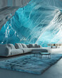 © SerPak - A modern living space seamlessly blending with a surreal icy cave atmosphere, highlighting innovation and luxury