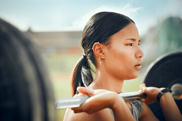 Poster - Weightlifting, outdoor and woman with fitness, training and challenge with endurance, progress and exercise. Person, equipment or bodybuilder with strength, power and workout with wellness or balance