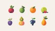 © Lcs - Symmetrical arrangement of 9 stylized cartoon fruit icons on a white background