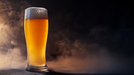 Fresh beer in a large glass with subtle backlighting and mist on a dark backdrop