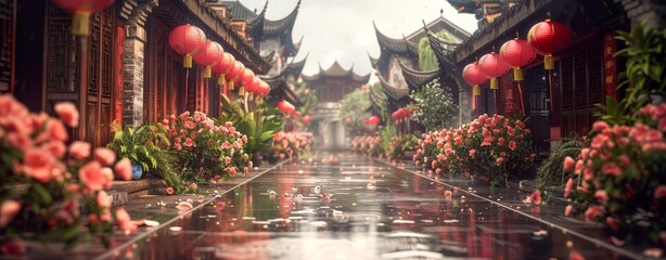 Canvas Print - Old ancient asian street with many traditional stores in rainy day. Cherry blossom festival. Travel and holiday theme for background, banner, and wallpaper.