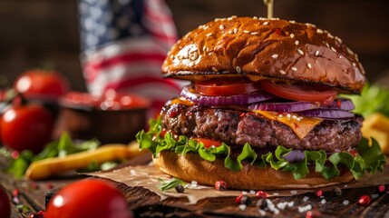 Sticker - Classic American Cheeseburger with Fresh Ingredients - Savor the sight of a delicious classic American cheeseburger topped with lettuce, tomato, red onion, and cheddar cheese, served on a sesame seed 