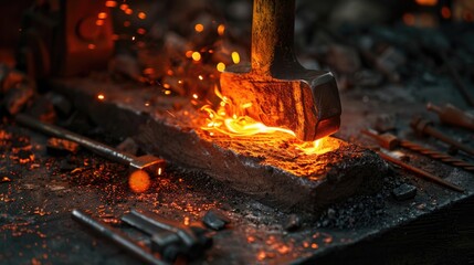 Fototapete - A hammer and metal in use, ideal for industrial or mechanical concepts