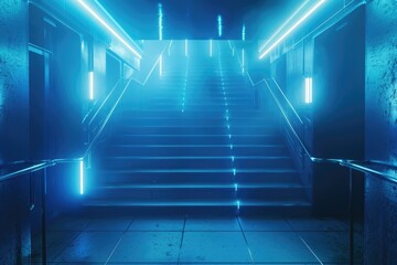 Aufkleber - A modern staircase illuminated by bright neon lights, perfect for use as a background or to highlight architectural features