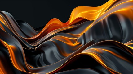 Poster - Flowing black and orange texture pattern design. Digital motion modern orange wallpaper template. Web geometric design. Dark technology background with wavy orange and white lines.