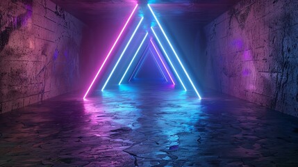 Wall Mural - CG render of an abstract background with pink, blue, and green glowing neon light triangles, geometric wallpaper with triangular tunnels