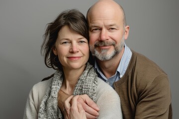 Wall Mural - Portrait of a glad caucasian couple in their 40s wearing a chic cardigan while standing against blank studio backdrop