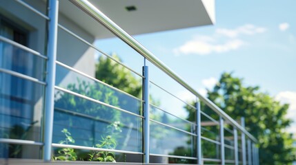Aufkleber - A close-up shot of a balcony railing with a planter attached, featuring greenery and possibly flowers