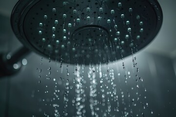 Poster - A close-up shot of a shower head with water flowing down it, suitable for use in illustrations about bathing, hygiene, or relaxation