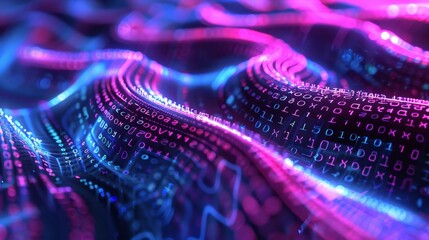 Poster - Futuristic Digital Data Wave - A mesmerizing digital wave composed of binary code and vibrant neon lights, giving the impression of a futuristic landscape.  binary code, digital wave, neon, futuristic