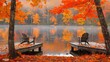 © Oleg - Tranquil autumn scenery  two chairs on a dock by mist covered lake, a peaceful setting