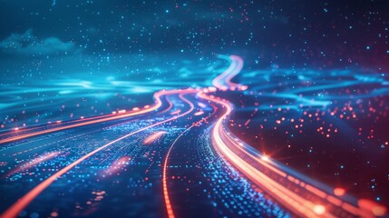 Canvas Print - Futuristic High-Speed Data Highway - A mesmerizing image showcasing a futuristic high-speed data highway, characterized by vibrant neon blue and red light trails. Perfect for tech, digital innovation,