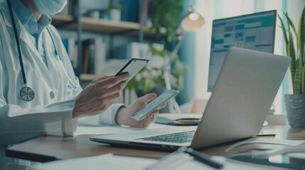 Medical co working concept,Doctor working with smart phone and digital tablet and laptop computer to meeting his team in modern office at hospital