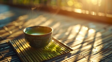 Japanese matcha green tea is served in a serene ceremony on a traditional mat, with sunlight casting a warm glow. with copy space