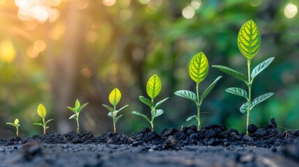 Sticker - Growth Stages of Young Plants Under Sunlight - A sequence of young plants at varying growth stages in fertile soil, illuminated by warm sunlight. Ideal for illustrating growth, nature, and development