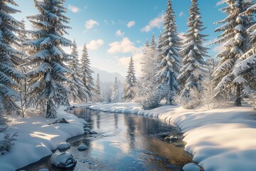 stunning 3d nature and landscape wallpaper of ice pine trees and a sunny river view in the winter