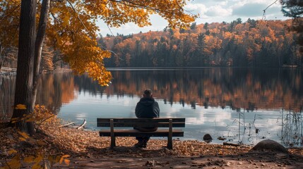 Poster - Serene Autumn Lake View with Reflective Solitude - Person enjoys peaceful autumn reflection by the lake, surrounded by golden leaves and calm water. Nature's beauty, solitude, tranquility, reflection,