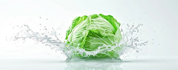 a high speed photo of  Cabbage falling down into a water dowl on white background