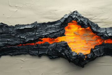 Poster - A surreal image of black bark with glowing yellow and orange hues at the edges, against a plain beige backdrop,