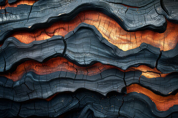 Poster - Abstract composition with black bark that has radiant red and gold edges, set against a light blue backdrop,