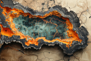 Poster - Black bark with glowing edges in bright orange and turquoise, on a light beige background,