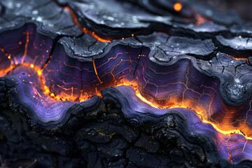 Poster - A surreal depiction of black bark with radiant purple and yellow edges, against a plain black backdrop,