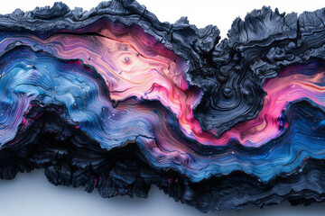 Poster - Minimalist black bark transitioning into iridescent pink and blue hues at the edges, set against a white background,