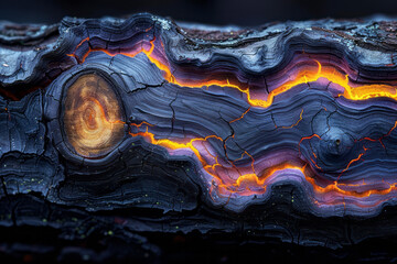 Poster - Minimalist depiction of black bark with vibrant orange and purple edges, set against a solid black backdrop,