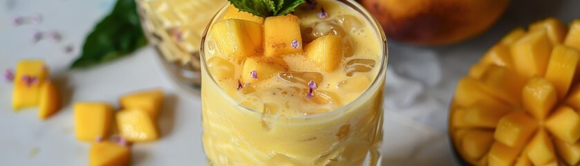 Wall Mural - A glass of a yellow drink with a pineapple on the side. The drink is topped with a green leaf