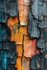 Poster - Abstract depiction of black bark with iridescent orange and teal edges, set against a white backdrop,