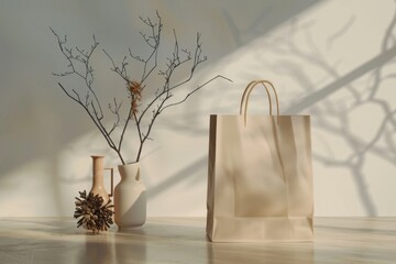 Aufkleber - A simple paper bag sitting on a wooden table, ready for use or disposal