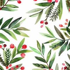 Wall Mural - An organic seamless watercolor backgroud pattern with handpainted branches, berries, and fir trees. Holiday wallpaper paper decor.