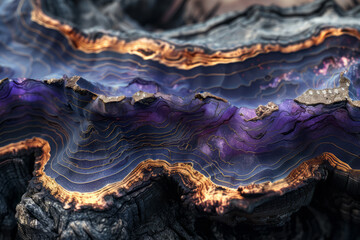 Poster - Abstract black bark with glowing edges in bright purple and gold, on a light beige background,