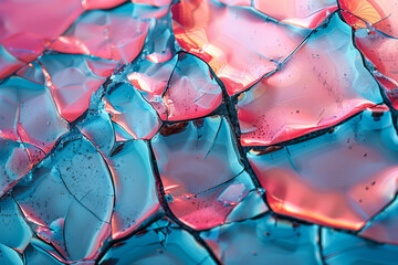 Poster - a surreal image of fractured metal pieces reflecting vibrant pink and turquoise, against a light gra